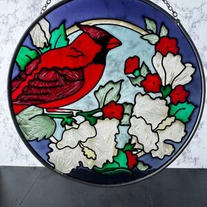 Cardinal Stained Glass Suncatcher Window Hanging Bird Floral